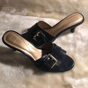 Tahari leather mules with gold tone hardware